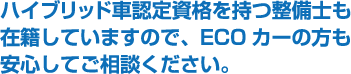 ハイブリッド車認定資格を持つ整備士も在籍していますので、ECOカーの方も安心してご相談ください。